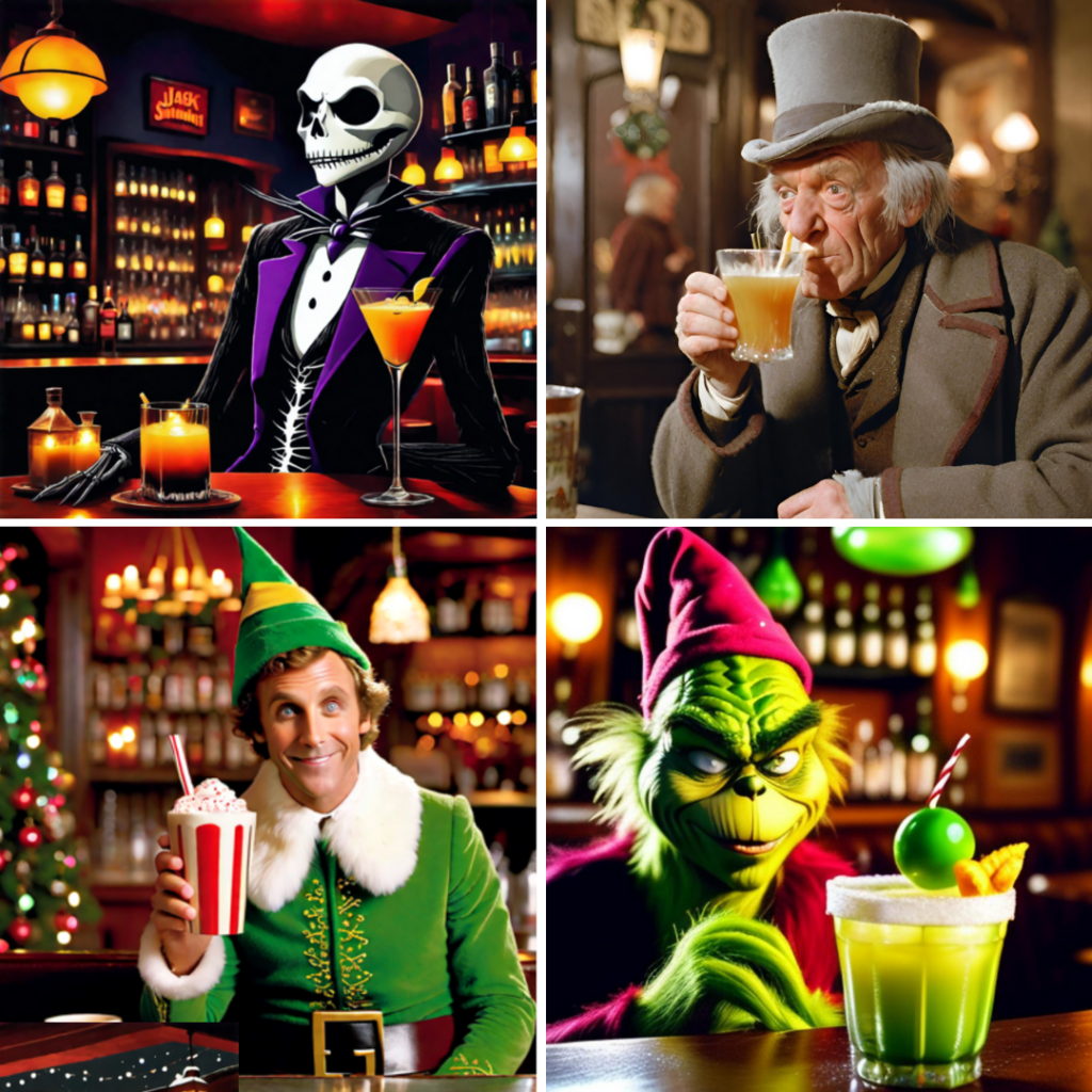 christmas characters at bars holding their signature drinks.